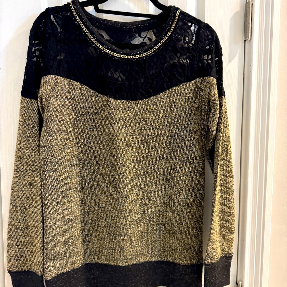 Miss Me Gold & Black Sweater w/ Black Lace & Gold Chain